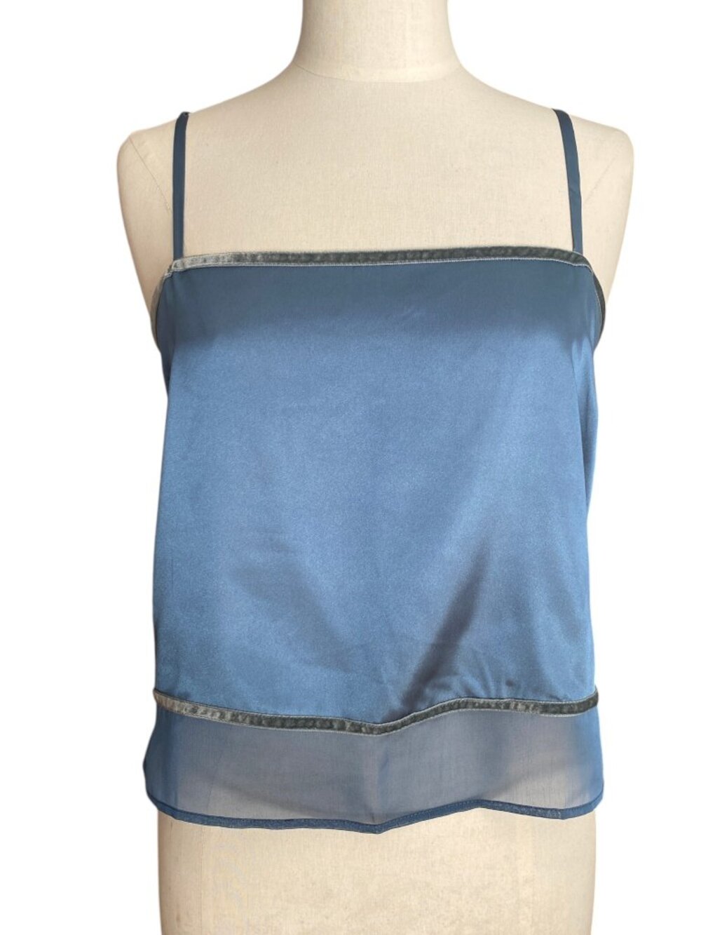 NWT Victorias Secret Satin Cami Tank Blue Velvet Trim Sheer Hem Coquette Y2K-L